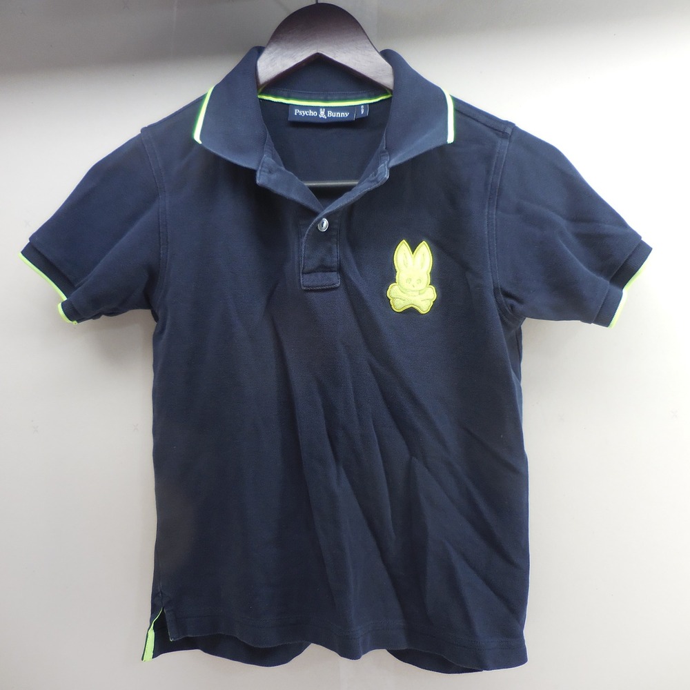 Psycho Bunny Boys Navy Blue Pima Cotton Polo Shirt Neon Lime‎ Green Logo 10-12 M